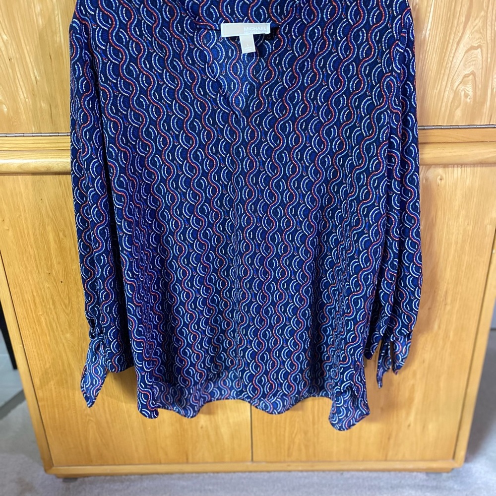 Michael Kors Blue and Red Relaxed Blouse with 3/4 tie sleeves